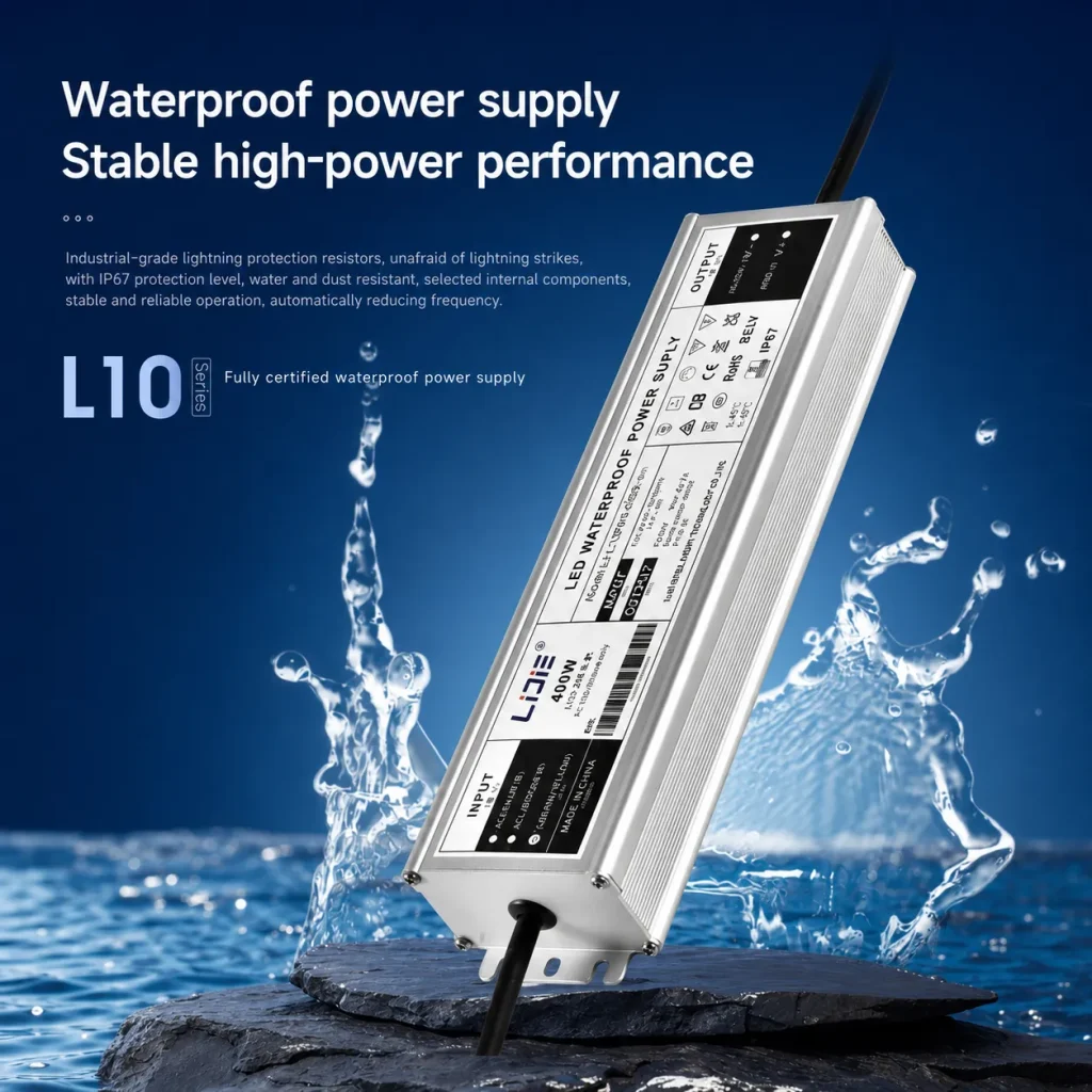 LIJIE L10 IP67 waterproof LED power supply in a sealed aluminum housing
