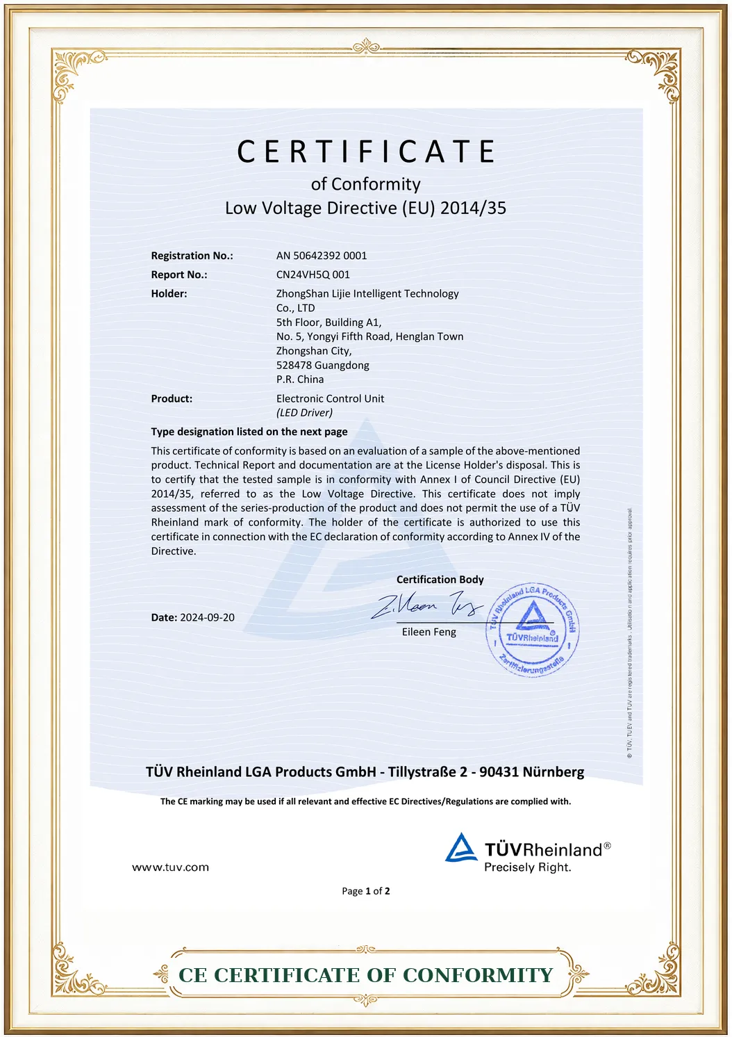 lijie ce certificate of conformity gold frame