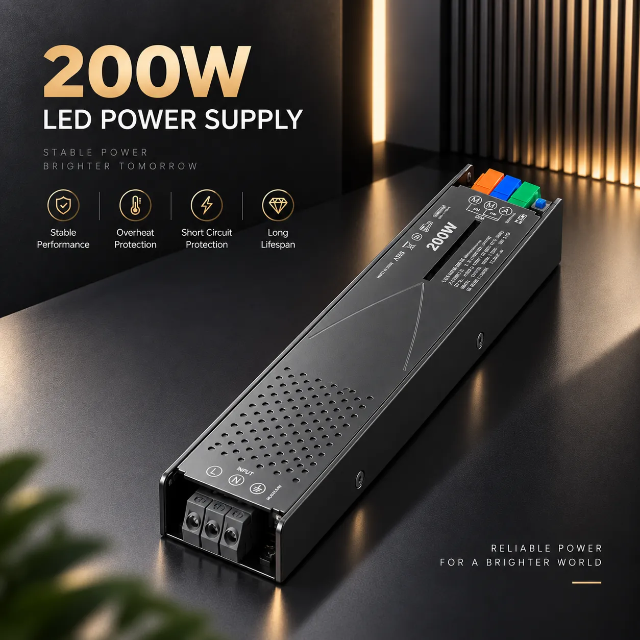 LiJie 200W LED Power Supply with slim metal housing and terminal connectors