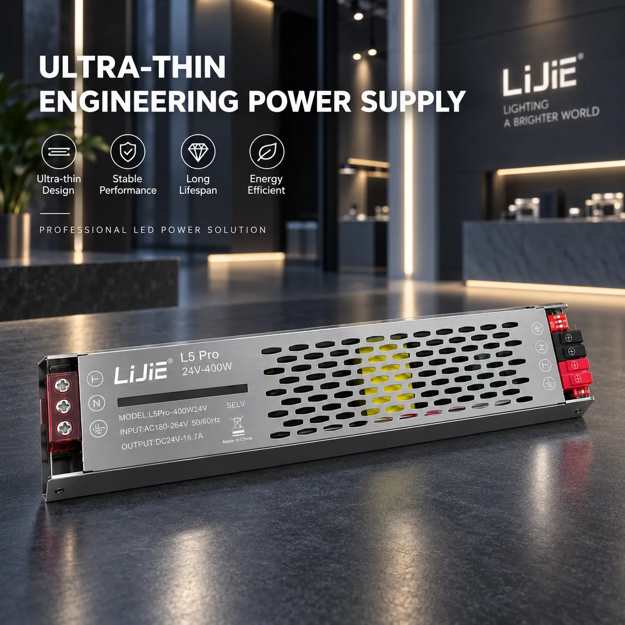 LiJie L5 Pro 24V 400W ultra-thin LED power supply for commercial and engineering lighting applications